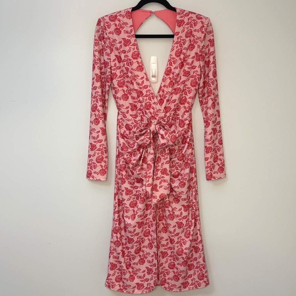 NWT Area Stars Floral Midi Dress Open Back Front Tie Womens Small Pink Red Rose‎